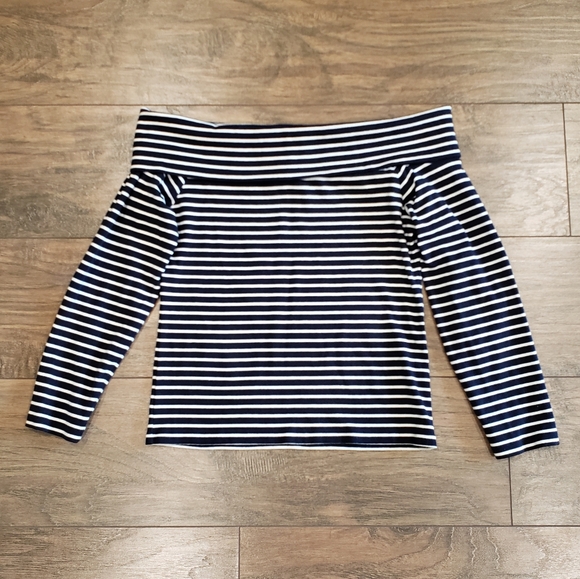 J. Crew Tops - J. Crew Navy & White Striped Off the Shoulder Blouse Size Medium
